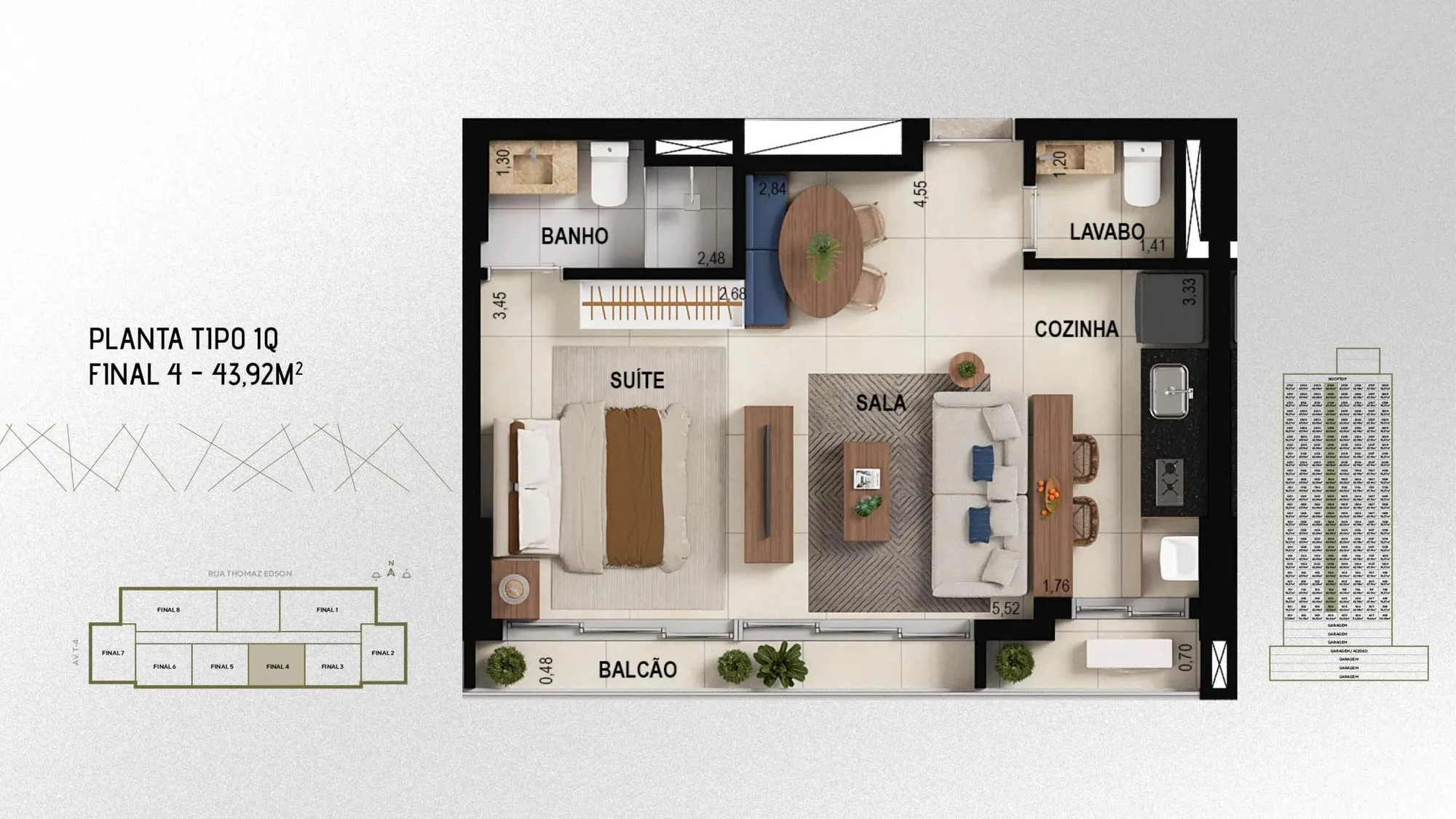Planta 44 m² — Cidade Ybiti Home (1 quarto (suíte) · 1 vaga)