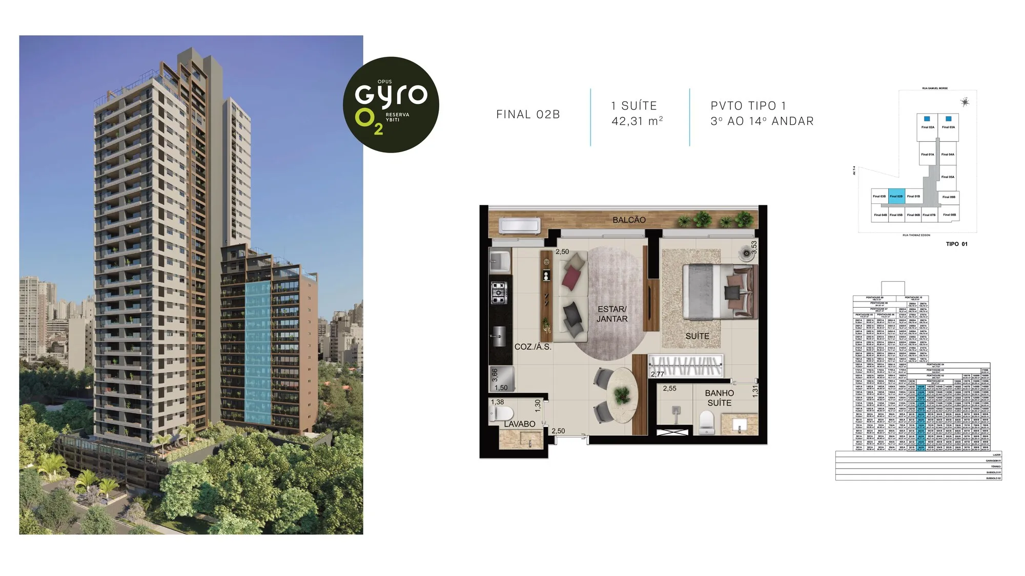 Planta 42 m² — Opus Gyro O2 (1 suíte)