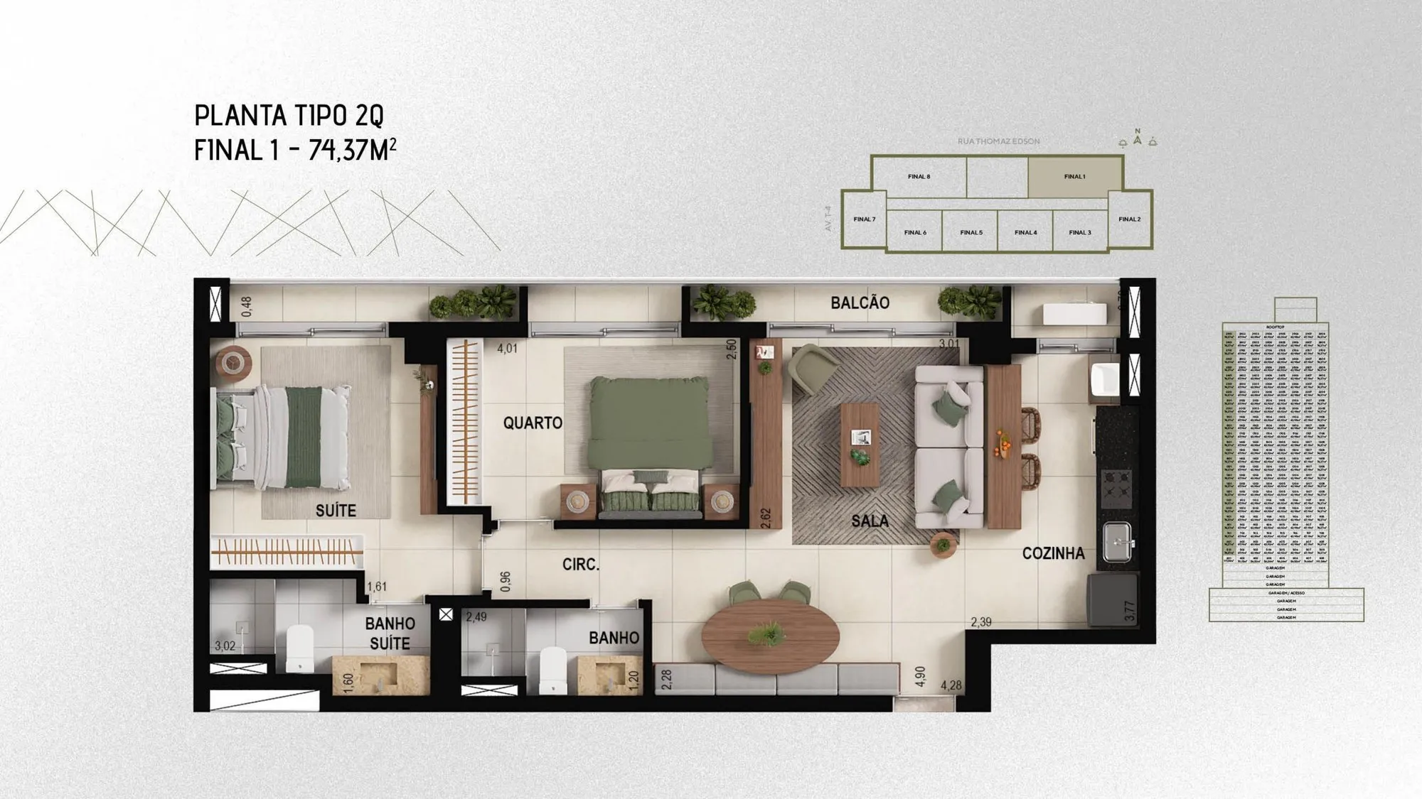 Planta 74 m² — Cidade Ybiti Home (2 quartos (1 suíte) · 1 vaga)