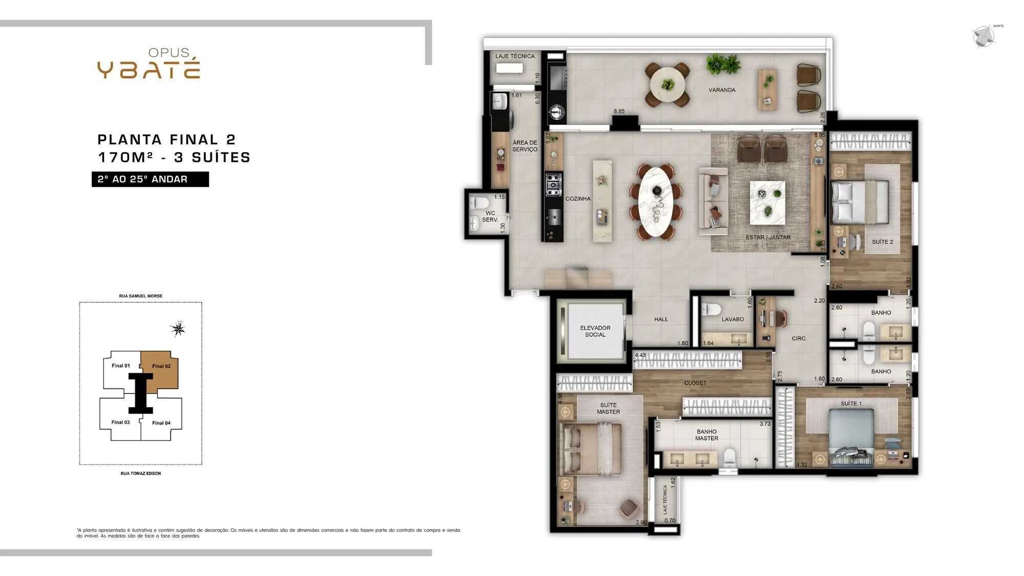 Planta 170 m² — Opus Ybaté (3 suítes · 2-3 vagas)