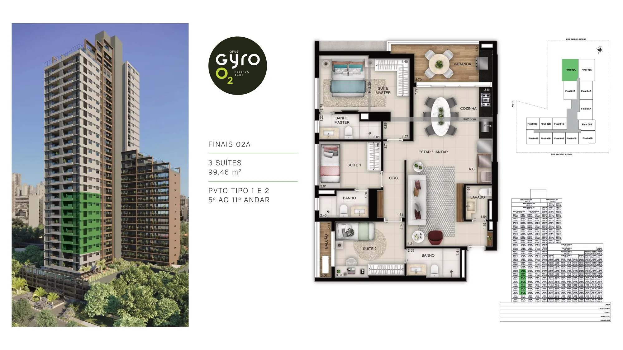 Planta 99 m² — Opus Gyro O2 (3 suítes · 1-2 vagas)