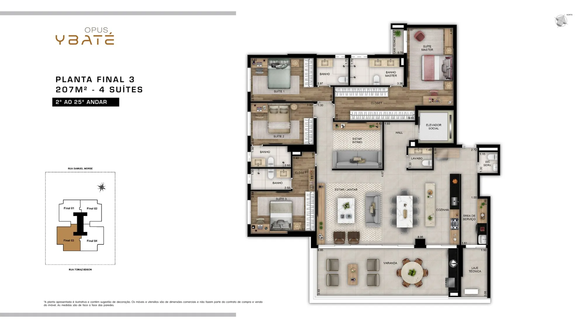 Planta 207 m² — Opus Ybaté (4 suítes · 3 vagas)