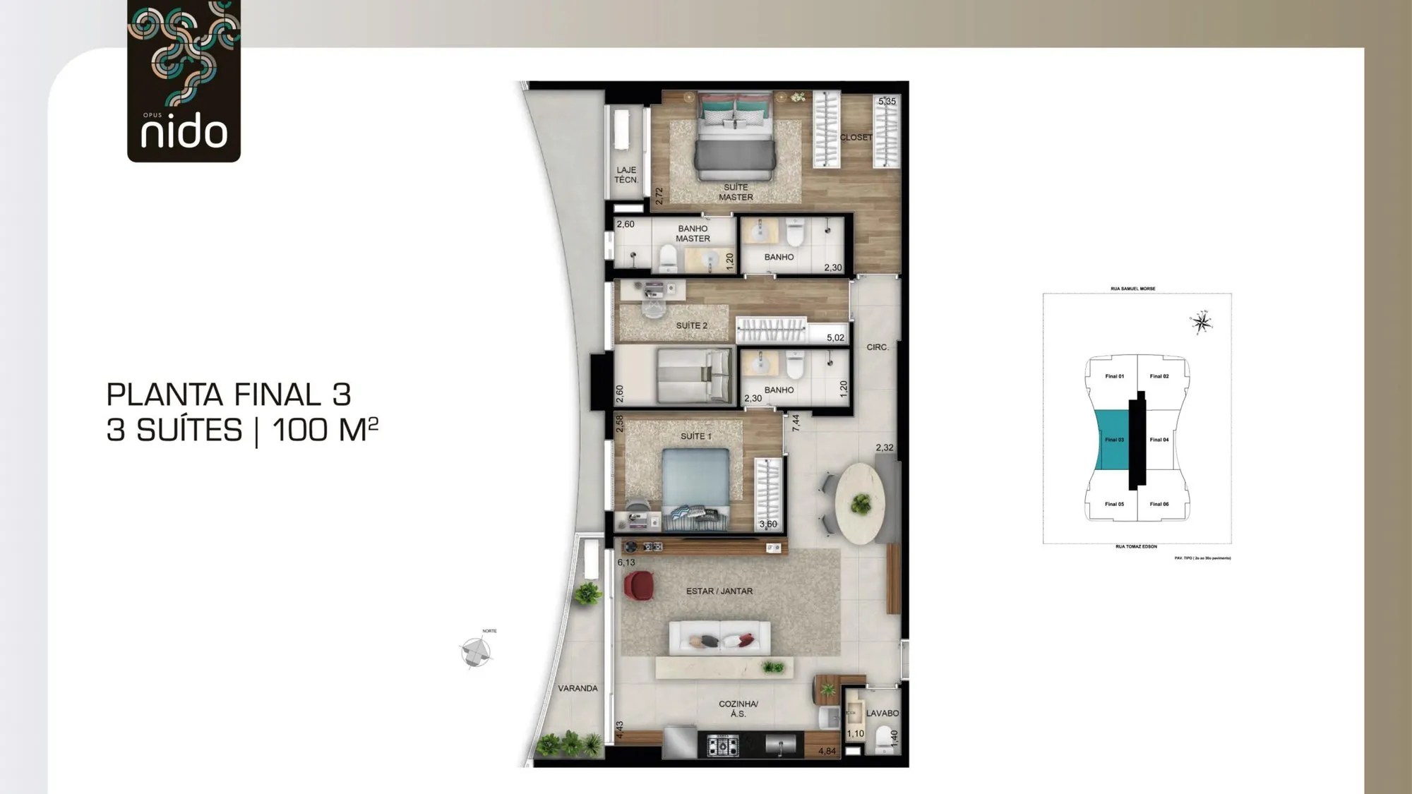 Planta 100 m² — Opus Nido (3 suítes · 2 vagas)