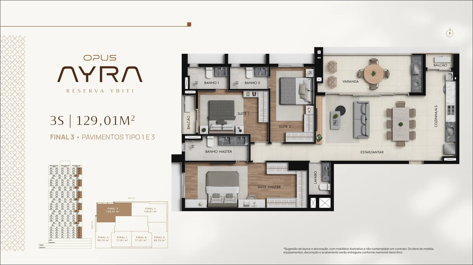 Planta 129 m² — Opus Ayra (3 suítes · 2 vagas)