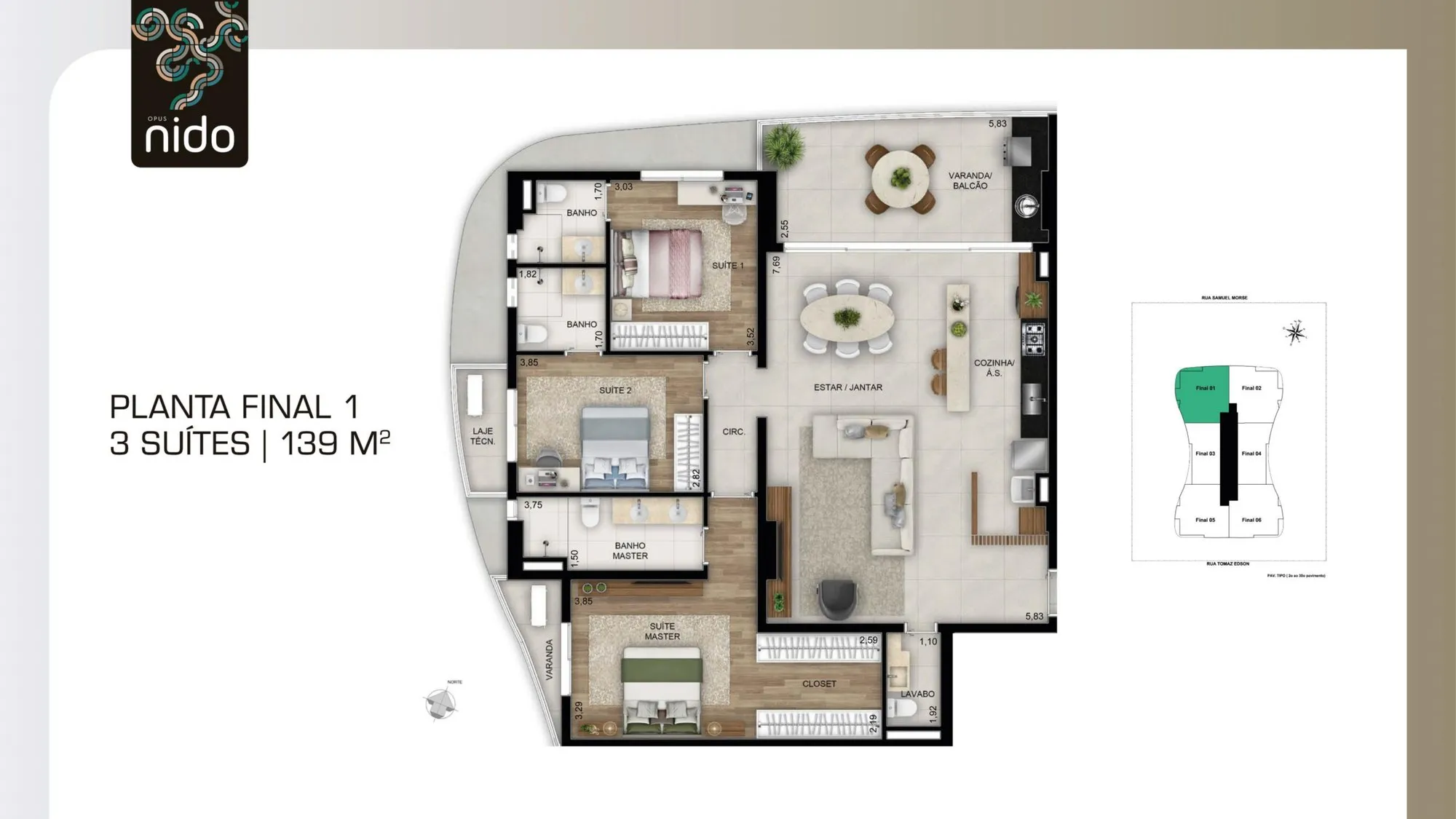 Planta 139 m² — Opus Nido (3 suítes · 2 vagas)