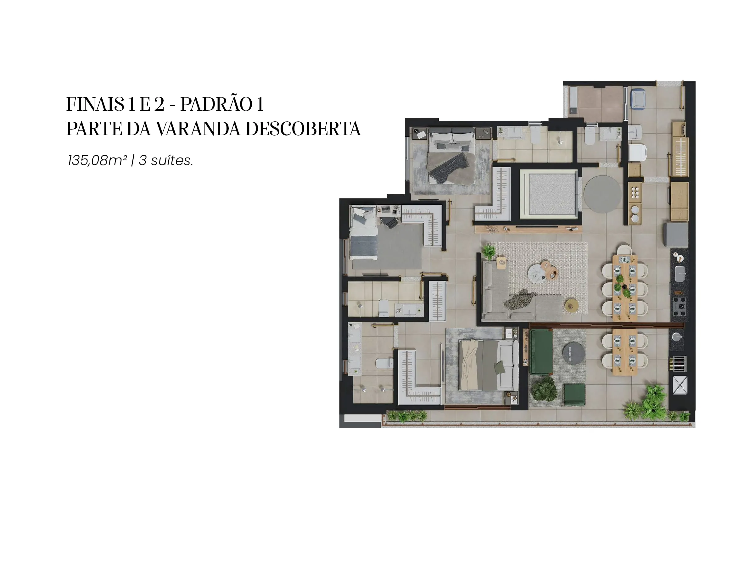 Planta 135 m² — Elements Consciente (3 suítes · 2 vagas · escaninho)