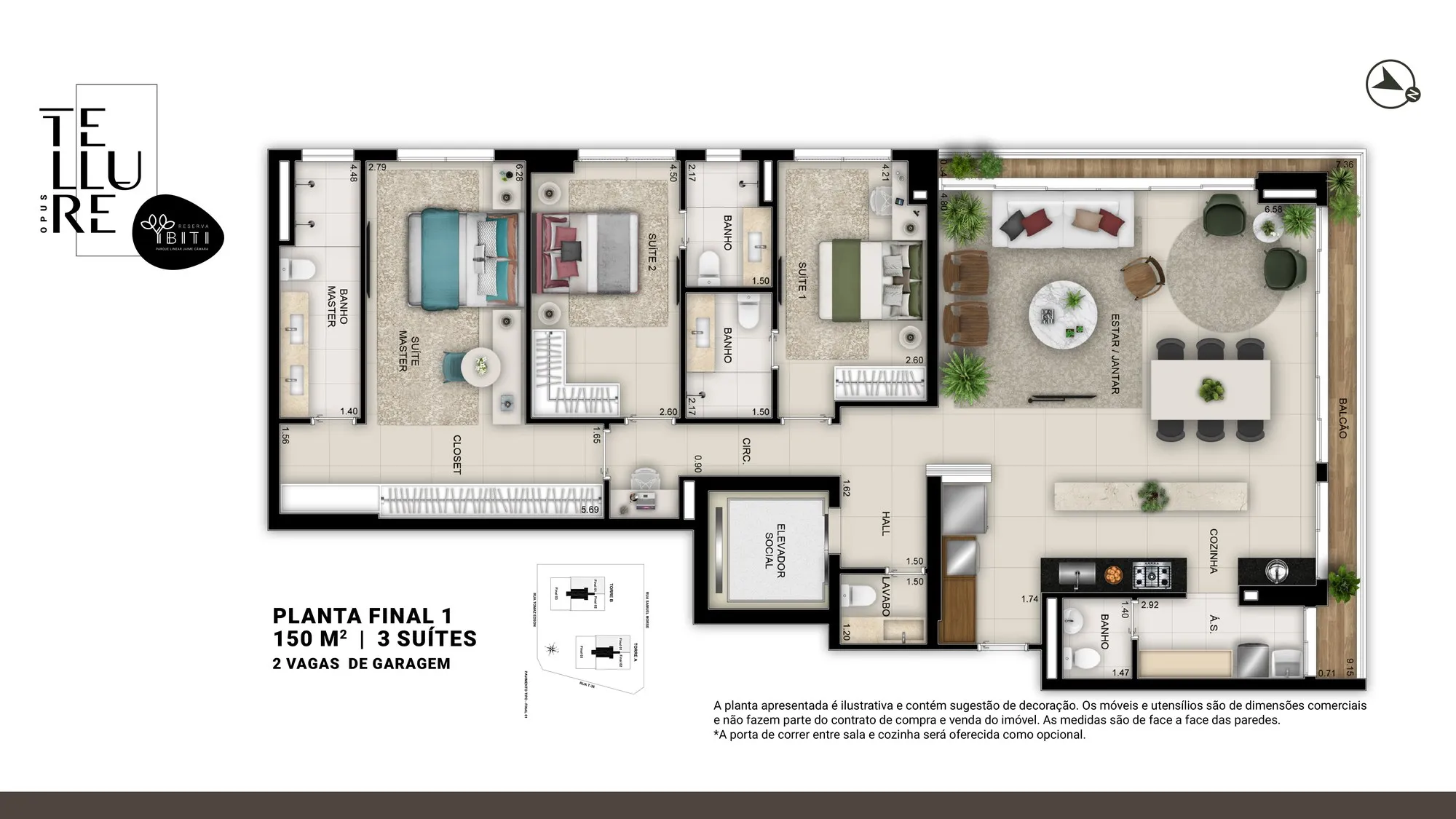 Planta 150 m² — Opus Tellure (3 suítes · 2 vagas)