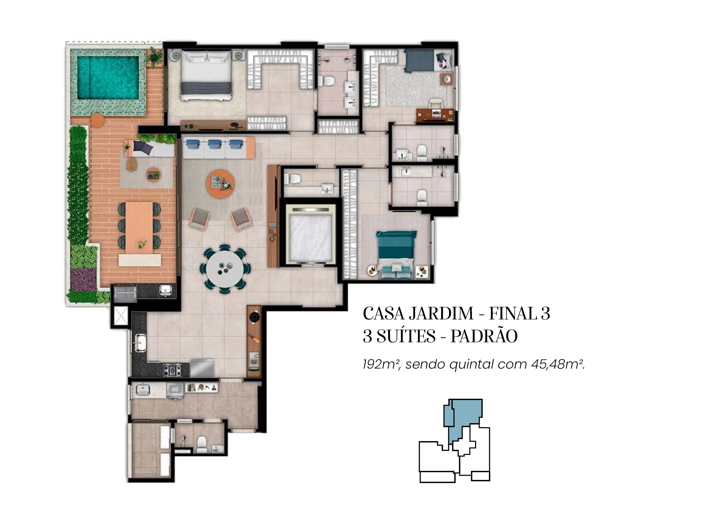 Planta 192 m² — Casa Brasileira Consciente (3 suítes · 3 vagas · quintal privativo de 45 m² · escaninho)