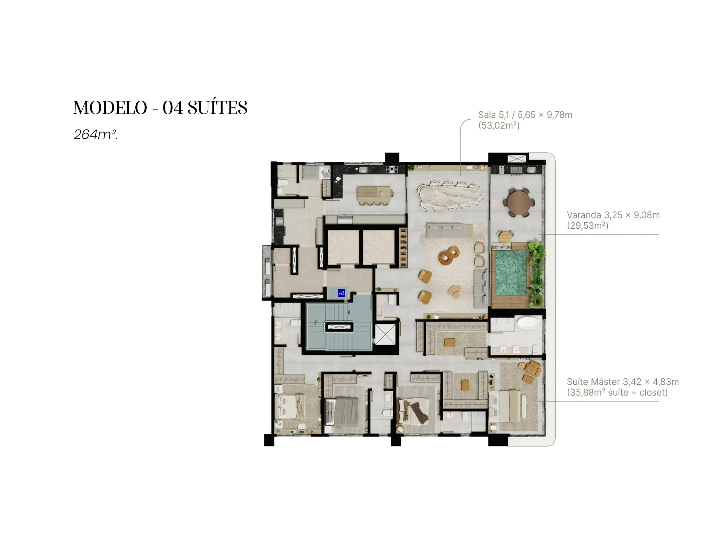 Planta 264 m² — Auro Authentic by Consciente (4 suítes (2 másters) · 3 vagas)