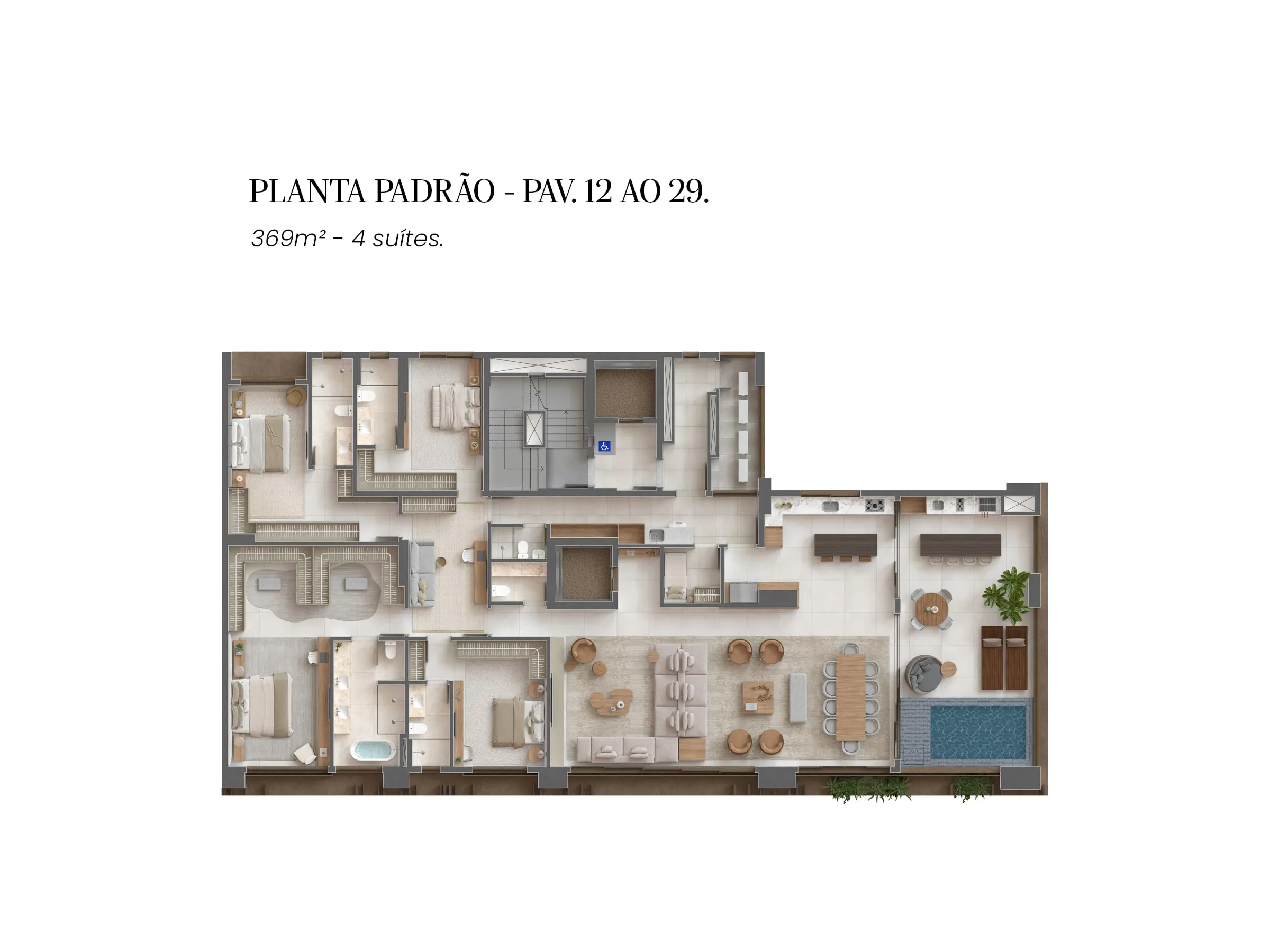 Planta 369 m² — Solenne (4 suítes · 4 vagas · varanda gourmet com piscina)