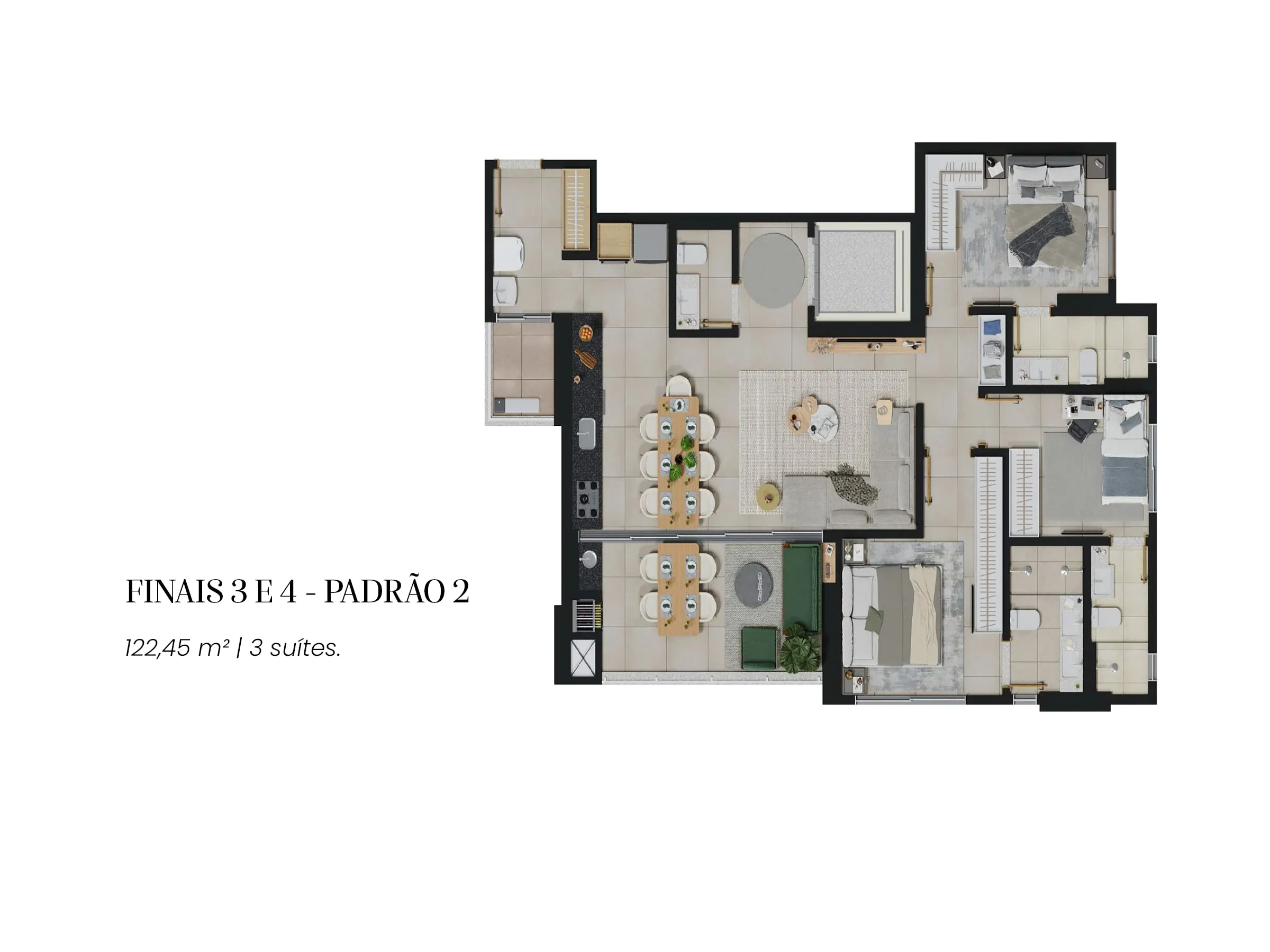 Planta 122 m² — Elements Consciente (3 suítes · 2 vagas · escaninho)
