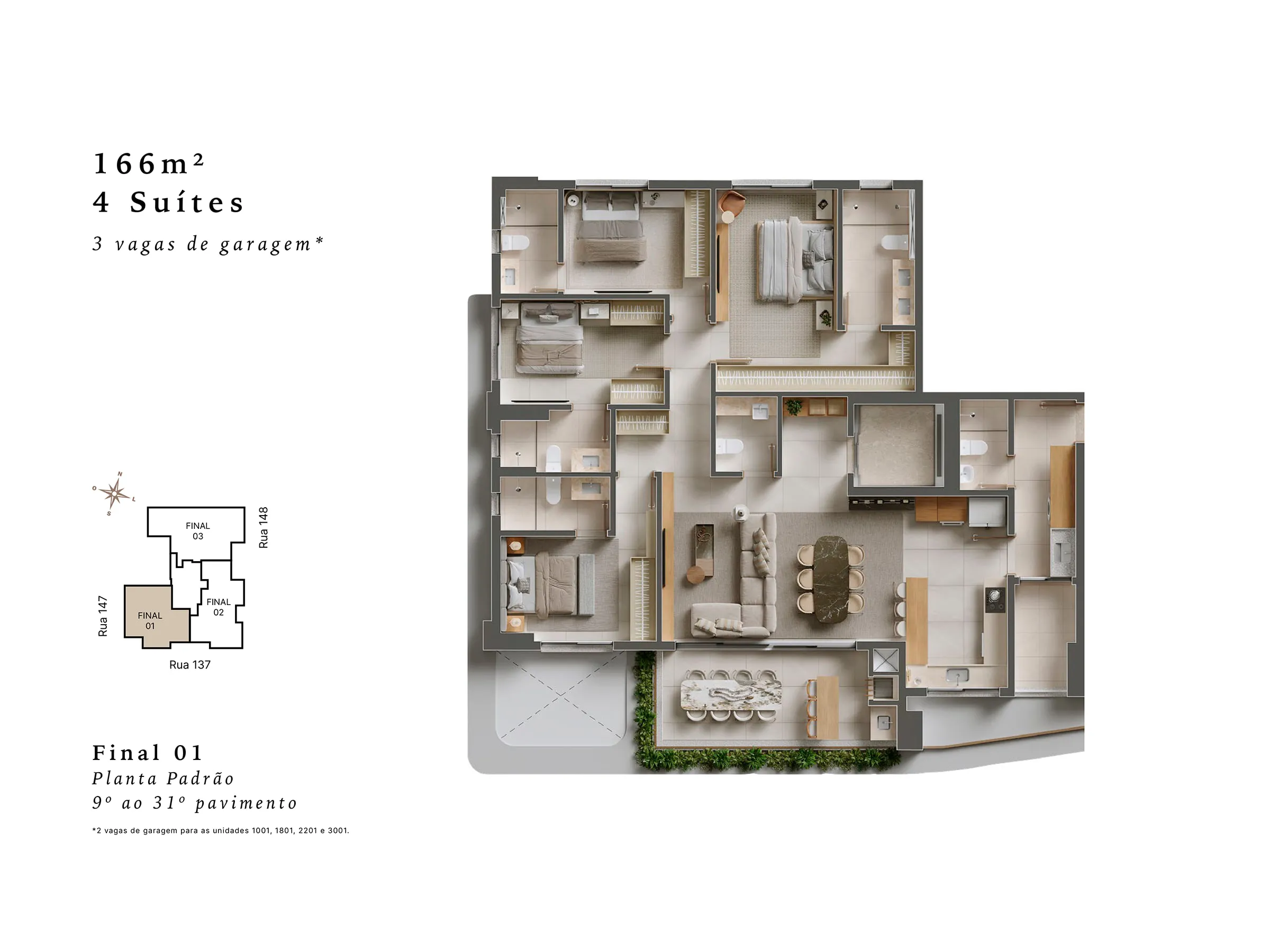 Planta 166 m² — Le Blu Consciente (3 suítes · 3 vagas)
