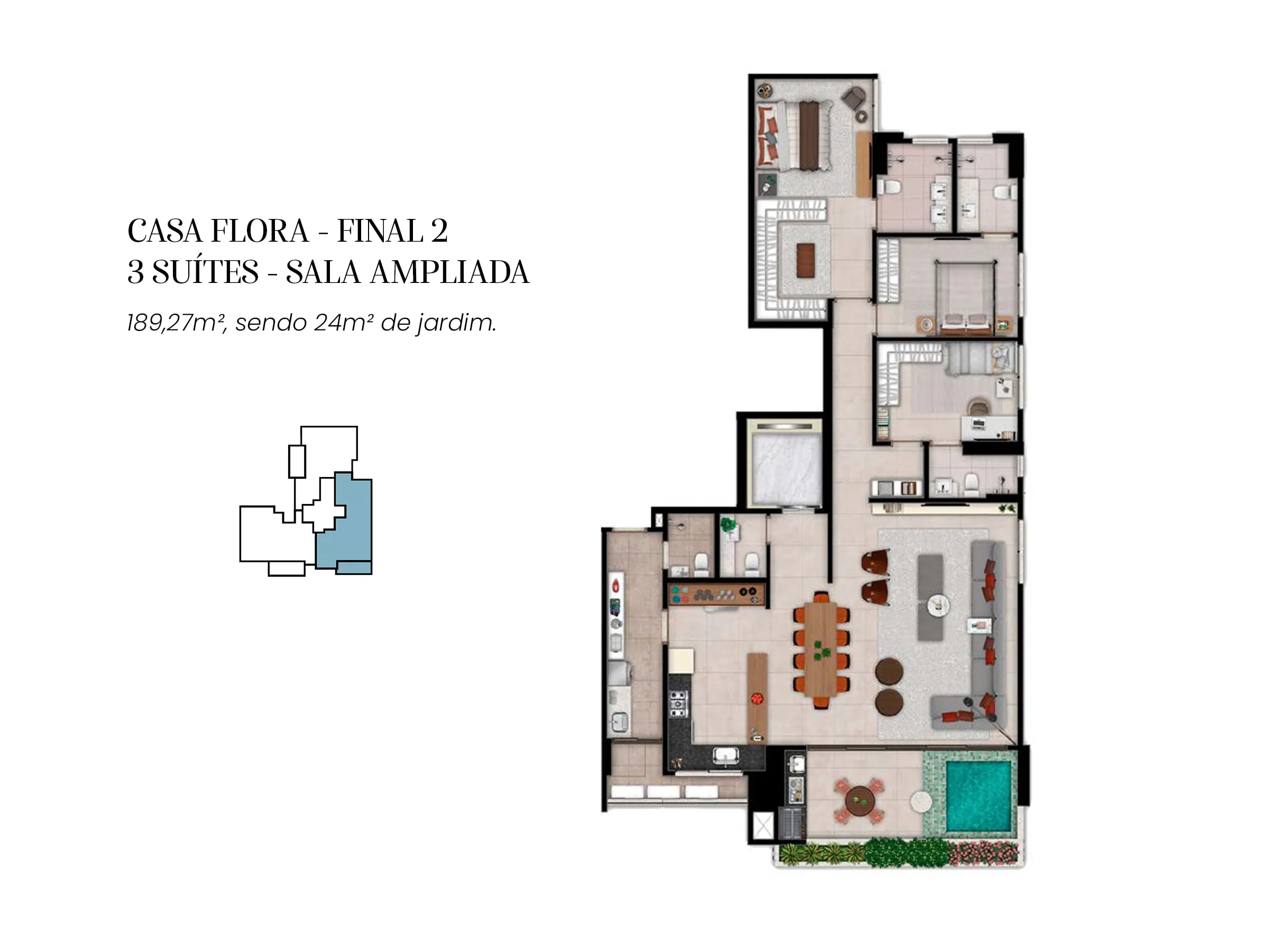 Planta 189 m² — Casa Brasileira Consciente (3 suítes · 3 vagas · sala ampliada · jardim privativo de 24 m² · escaninho)