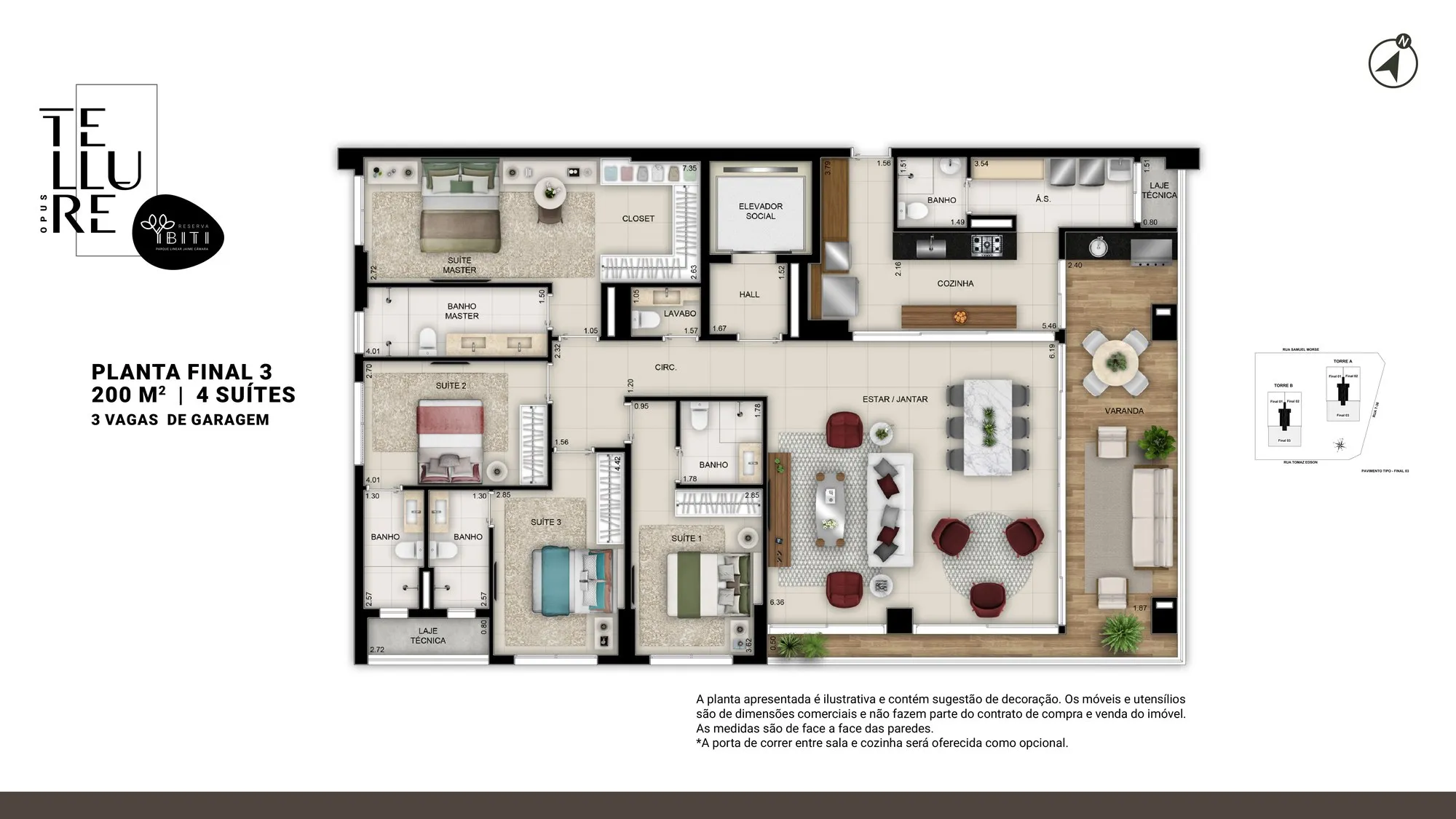 Planta 200 m² — Opus Tellure (3 a 4 suítes · 3 vagas)