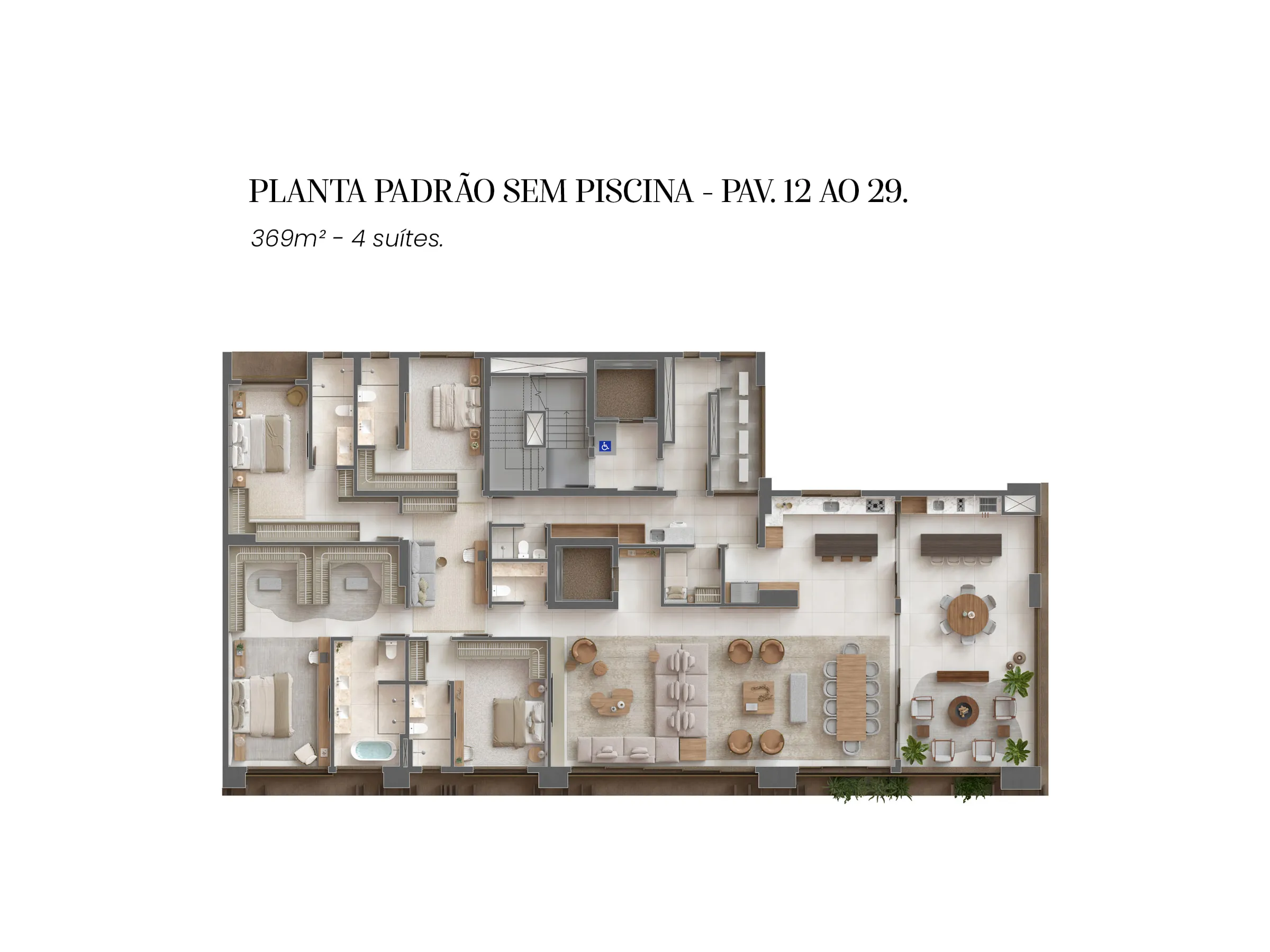 Planta 369 m² — Solenne (4 suítes · 4 vagas · varanda lounge de 42,90 m²)