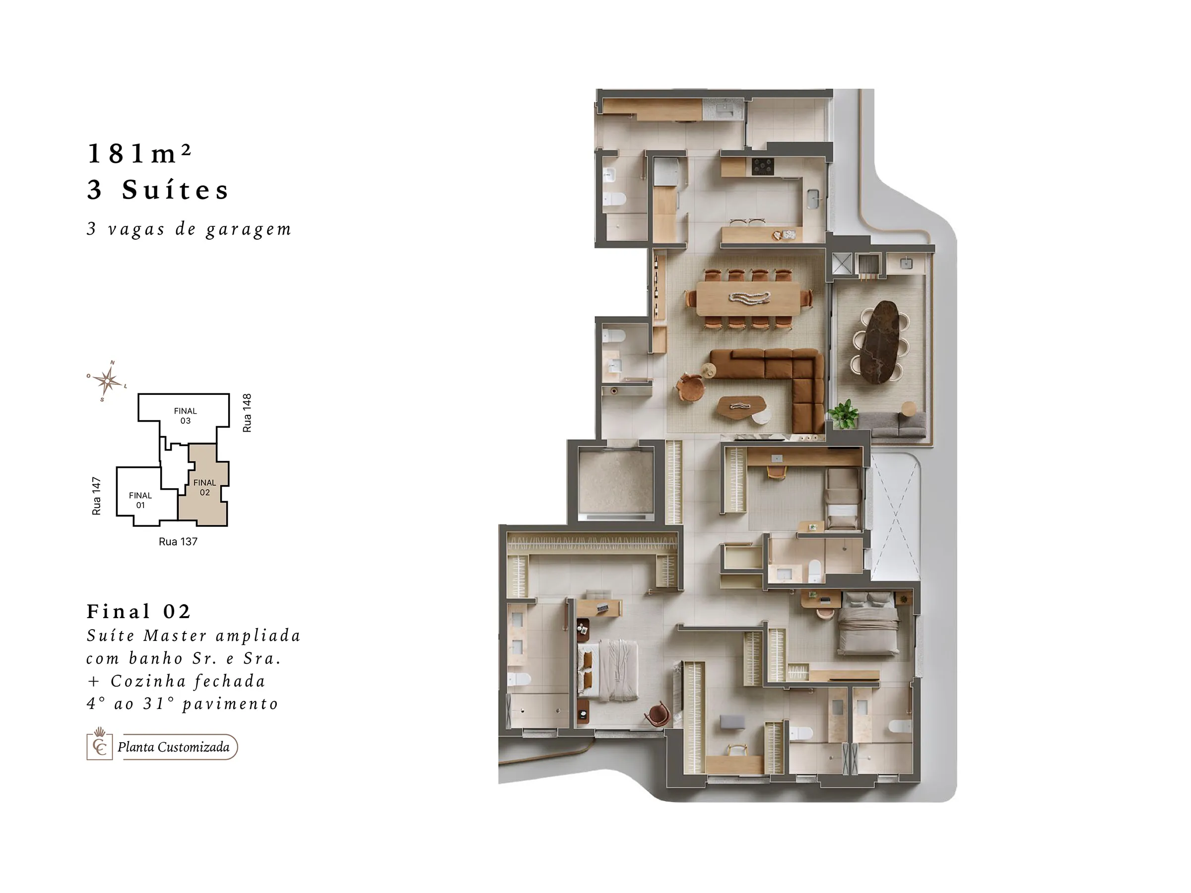Planta 181 m² — Le Blu Consciente (3 suítes · 3 vagas)