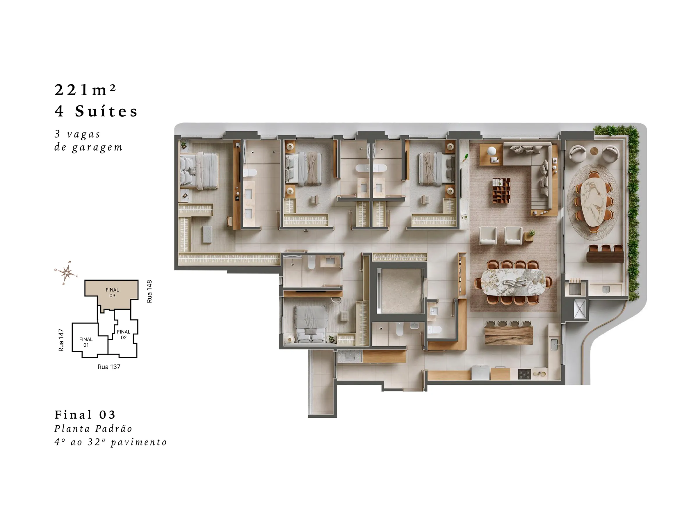 Planta 221 m² — Le Blu Consciente (4 suítes · 3 vagas)