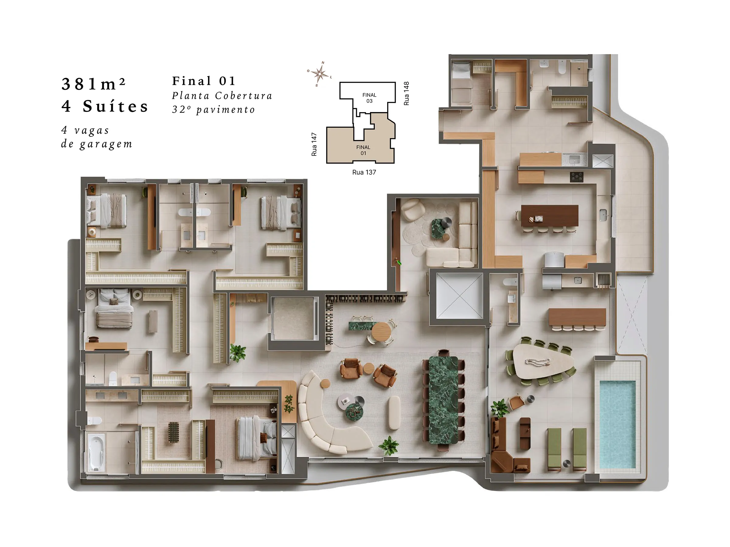 Planta 381 m² — Le Blu Consciente (Cobertura · 4 suítes · 4 vagas)