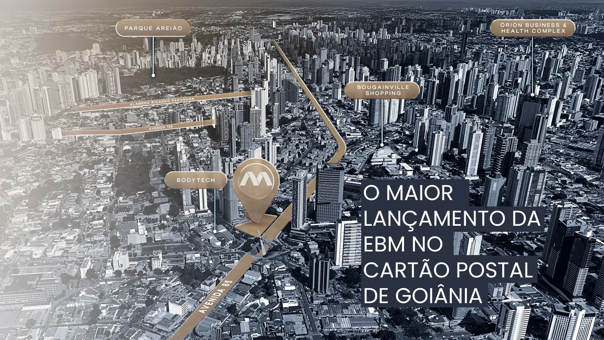 Vista aérea do Setor Marista, em Goiânia, com a localização do Metropolitan Marista e os marcos do entorno: Parque Areião, Bougainville Shopping, Orion Business & Health Complex, Bodytech, Alameda Ricardo Paranhos, Avenida 136 e Avenida 85