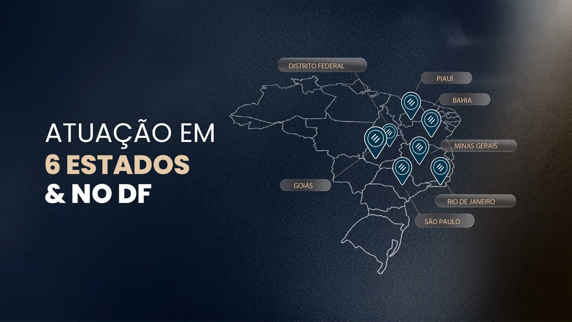Mapa da atuação da EBM: 6 estados e o Distrito Federal — Goiás, Distrito Federal, Piauí, Bahia, Minas Gerais, Rio de Janeiro e São Paulo