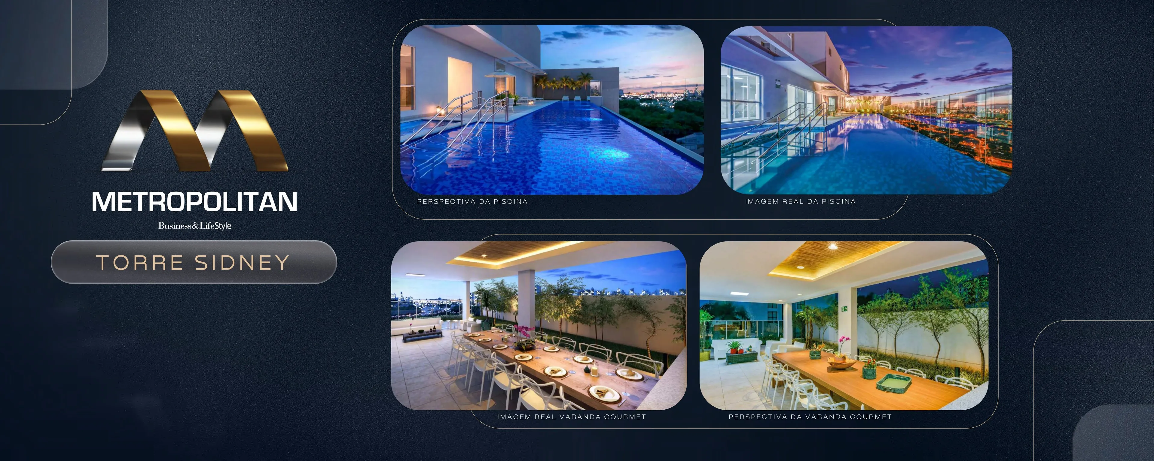 Torre Sidney do Metropolitan Jardim Goiás: a perspectiva da piscina ao lado da imagem real da piscina entregue, e a varanda gourmet real ao lado da perspectiva da varanda gourmet
